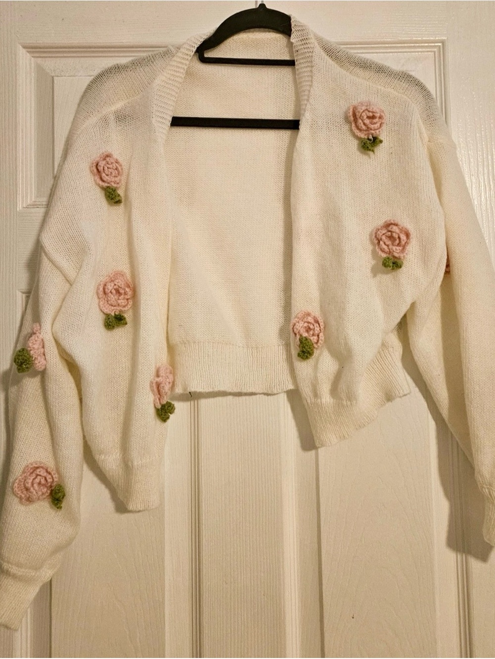 SHEIN Ivory Knit Cropped Cardigan Sweater with Pink Rose Appliqués